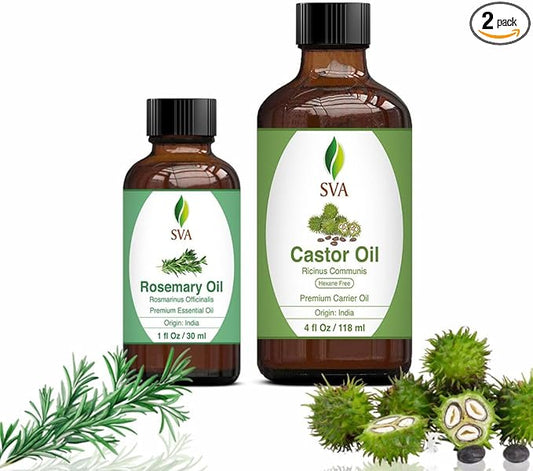 SVA Rosemary Essential Oil 1oz and Castor Oil 4oz Bundle Super Saver Combo – Premium Grade Value Set for Hair Oiling, Scalp Massage, Hair Care, Skin Care and Body Massage