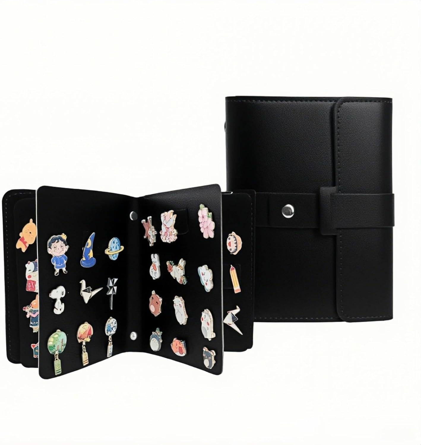 Enamel Pin Display Book - 4 Page Leather Travel Organizer for Collectors, Portable Lapel Pin Holder with Secure Storage, Compact Pin Trading Book (black)
