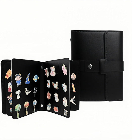 Enamel Pin Display Book - 4 Page Leather Travel Organizer for Collectors, Portable Lapel Pin Holder with Secure Storage, Compact Pin Trading Book (black)