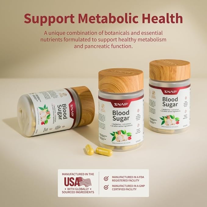 Snap Supplements Blood Sugar Blend with Berberine, CoQ10, Cinnamon, Alpha Lipoic Acid and Gymnema to Support Healthy Blood Sugar, Metabolic Health and Energy, Sugar Free, 60 Capsules