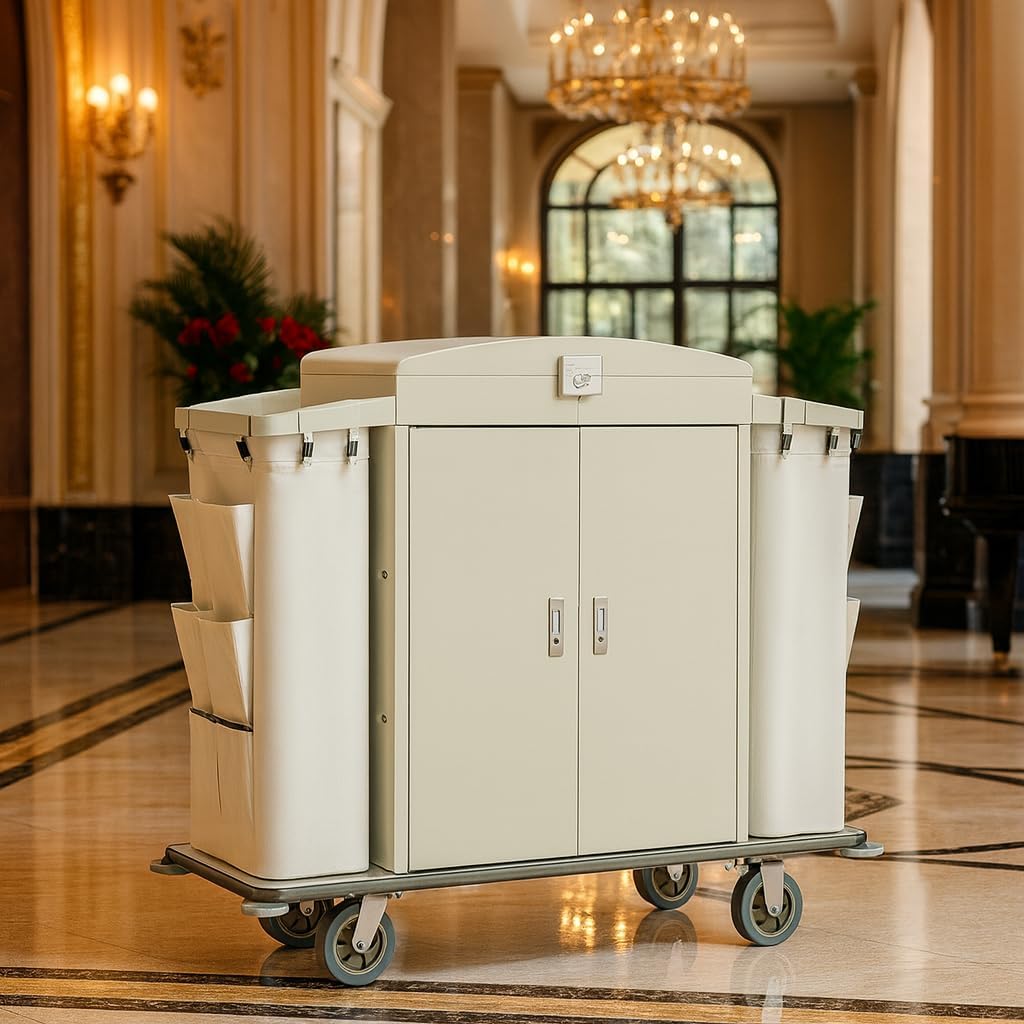 Heavy Duty Metal Housekeeping Janitorial Cart with Wheels,Silent Casters,Locking Large Capacity Cabinets,Cleaning cart for Housekeeping/Commercial Facility/Hotel/Stadium/School