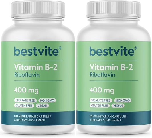 BESTVITE Vitamin B-2 (Riboflavin) 400mg (240 Vegetarian Capsules) (120 x 2) - No Stearates - Vegan - Non GMO - Gluten Free