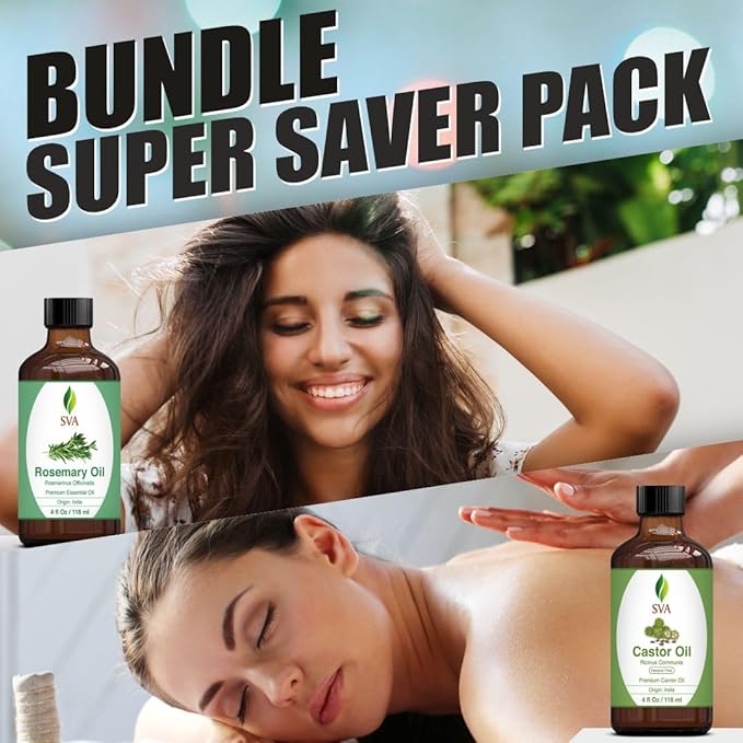 SVA Rosemary Essential Oil 4oz and Castor Oil 4oz Bundle Super Saver Combo – Premium Grade Value Set for Hair Oiling, Scalp Massage, Hair Care, Skin Care and Body Massage