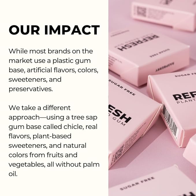 Refresh Gum, Xylitol, Natural, Sugar Free, Aspartame Free, Plastic Free, Natural Flavors & Organic Ingredients, Plant-Based, Low Calorie, Non GMO, Gluten Free, Vegan, Raspberry Flavor, 12 Pcs, 12 Pack