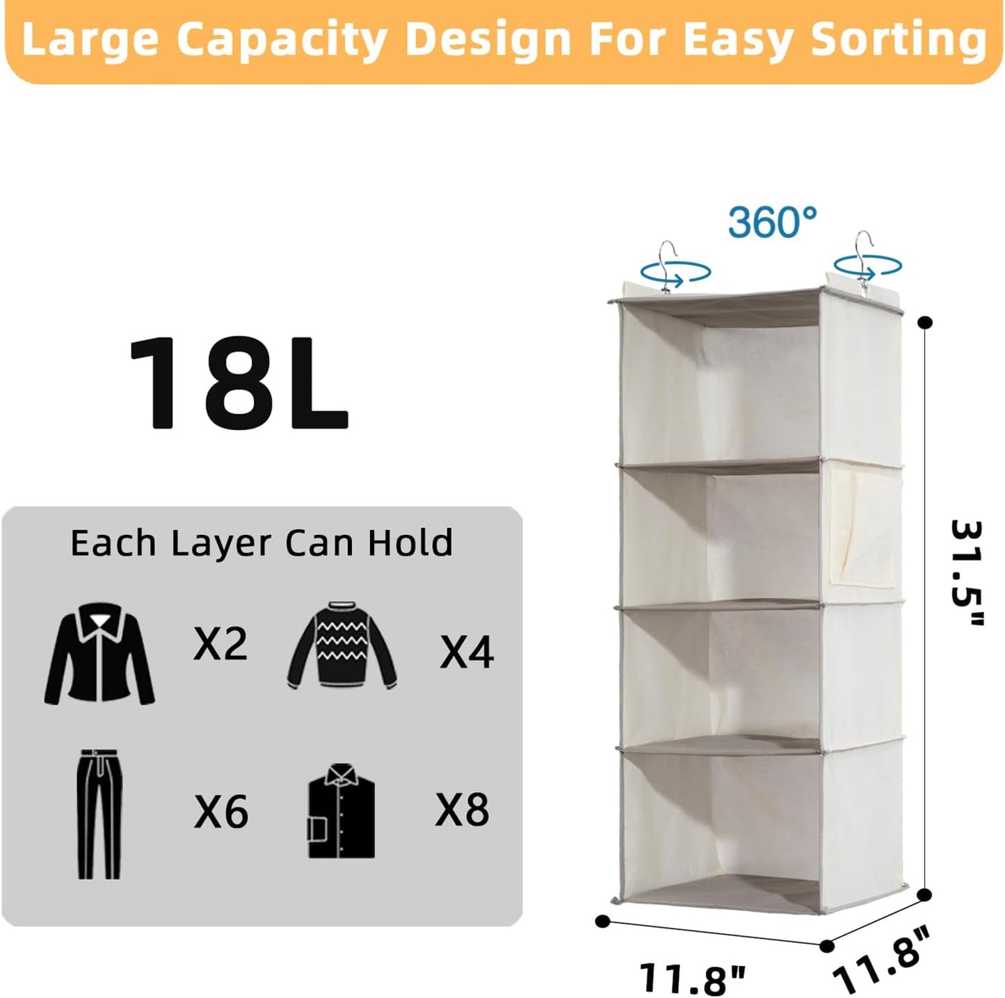 4-Shelf Hanging Closet Organizer and Storage, Collapsible Hanging Shelves for Closet with 2 Side Pockets, Hanging Shoe Organizer to Saving Space,Beige