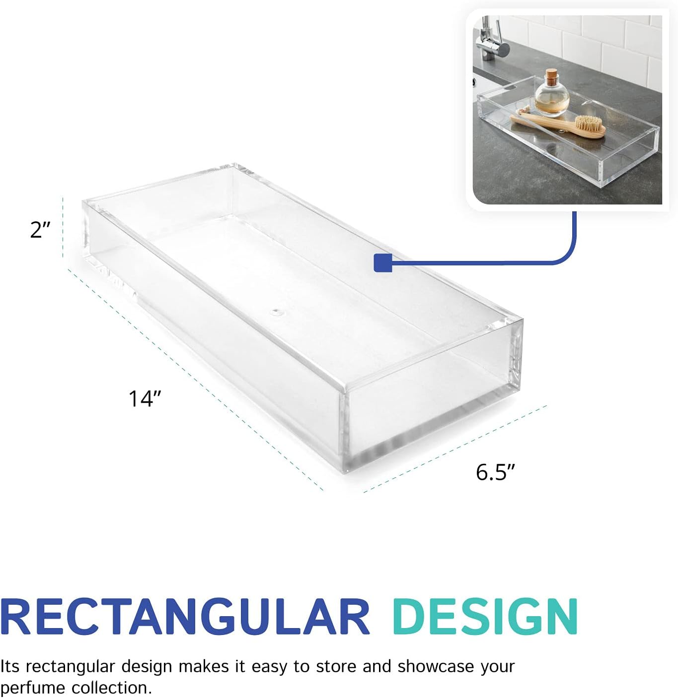 Huang Acrylic Clear Catchall Decorative Tray | Minimalistic Design for Keys, Wallet, Perfume, Jewelry, or Makeup | Rectangular Organizer Tray for Vanity, Dresser, Bathroom, Bedroom | 14 x 6.25 inches