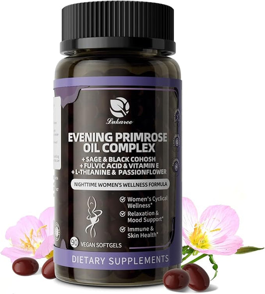Evening Primrose Oil Complex for Women – Hormone Wellness with Cold-Pressed EPO, 10% GLA, Sage, Fulvic Acid, L-Theanine – Supports Cyclical Balance, Mood, Skin & Immune Health, 90 Softgels