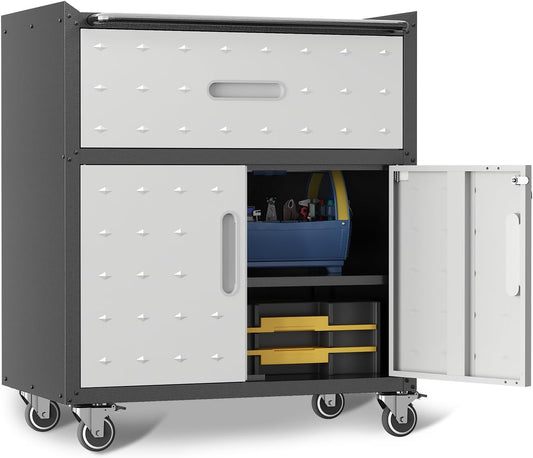 Rolling Tool Cabinet with Wheels, Tool Cabinets with 2 Door and 1 Drawer for Garage, Tool Room, Assembly Required(Black and Gray)