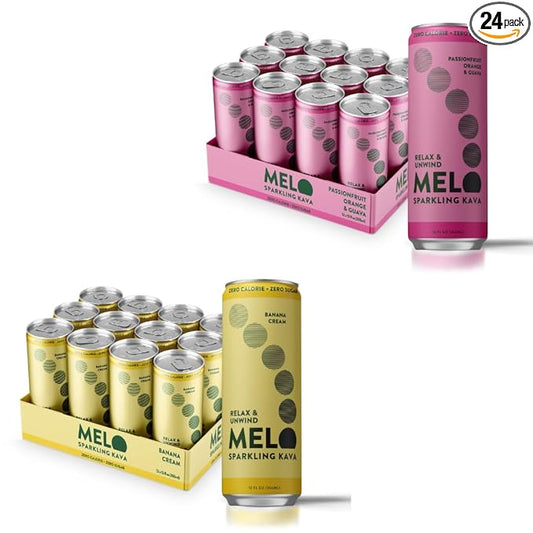 Melo Sparkling Kava Drink, Passionfruit, Orange & Guava Bundled with Banana Cream, Sugar Free Non Alcoholic Drinks with Zero Calories, Gluten Free, Vegan, 750mg Kava Root per Drink, 12 Pack, 12 oz Can