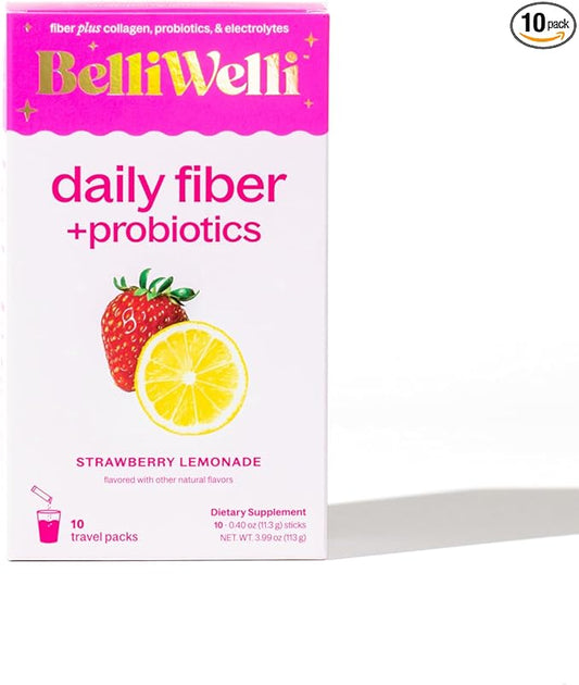 Daily Fiber Supplement Packets with Collagen, Probiotics & Electrolytes | Single Serve Packets for Gut Health, Digestion & Debloating | Strawberry Lemonade | 10 Count