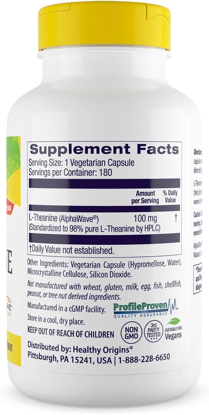 Healthy Origins L-Theanine 100 mg (AlphaWave, Supports Relaxation Without Drowsiness, Brain Support, Non-GMO, Gluten Free), 180 Veggie Caps