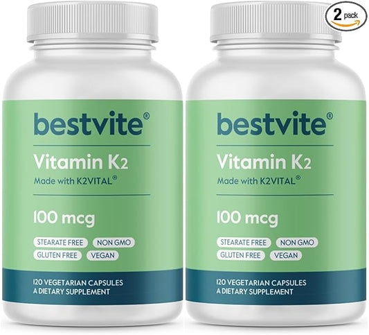 BESTVITE Vitamin K2 100 mcg as MK-7 (240 Vegetarian Capsules)(120x2) - No Stearates - Vegan - Non GMO - Gluten Free