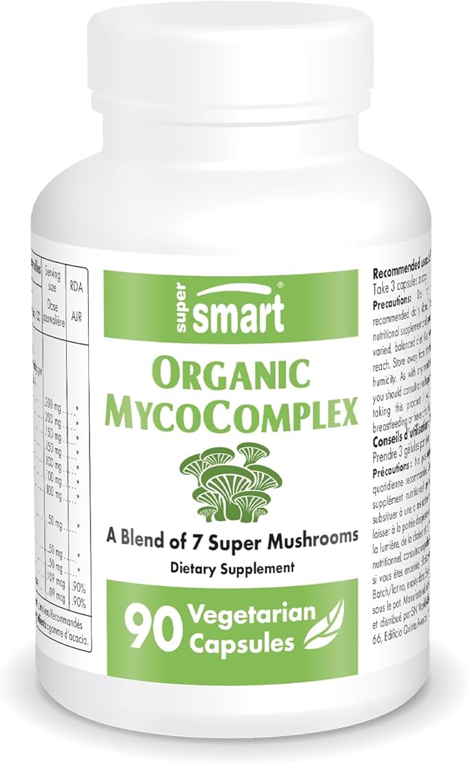 SuperSmart Organic MycoComplex (High Strength) - 7-in-1 Mushrooms Supplement - with Shiitake, Chaga, Reishi, Maitake, Cordyceps, Polypore, Agaricus | Non-GMO & Gluten Free - 90 Vegetarian Capsules