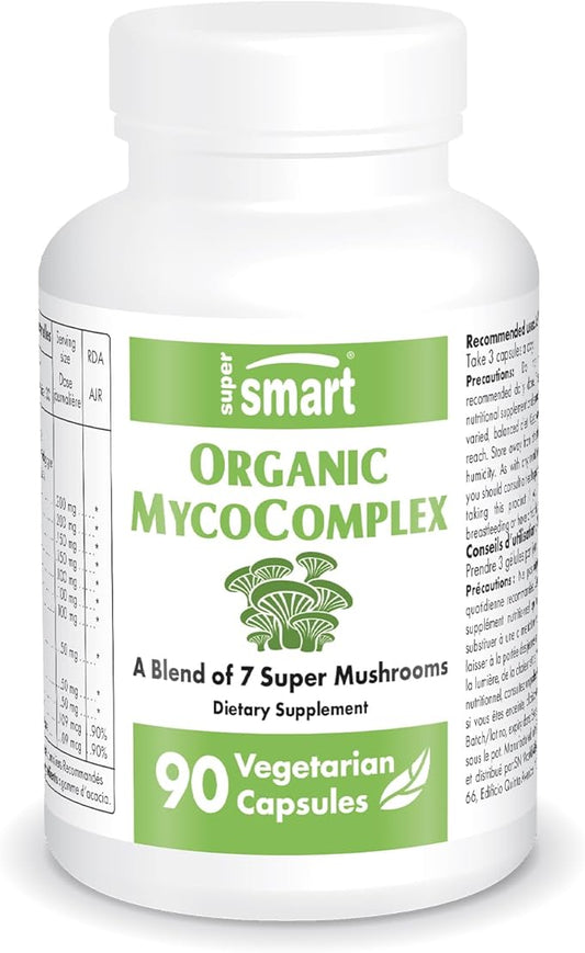 SuperSmart Organic MycoComplex (High Strength) - 7-in-1 Mushrooms Supplement - with Shiitake, Chaga, Reishi, Maitake, Cordyceps, Polypore, Agaricus | Non-GMO & Gluten Free - 90 Vegetarian Capsules