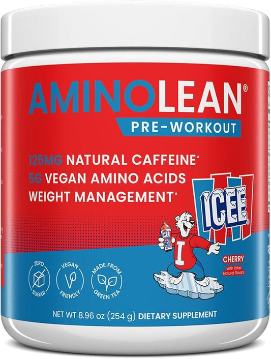 AminoLean x ICEE Pre Workout Powder, Amino Energy with Natural Caffeine from Green Tea, Vegan BCAA Amino Acids, Cherry, 30 Servings