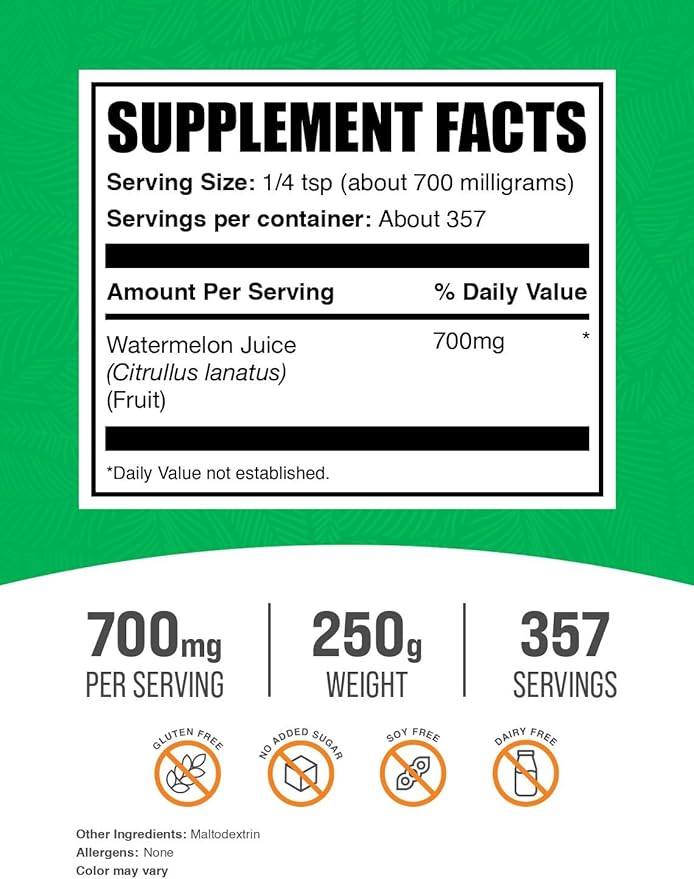 BulkSupplements.com Watermelon Juice Powder - from Watermelon Fruit, Fruit Powder, Hydation Supplement - 700mg per Serving, 250g (8.8 oz) (Pack of 1)