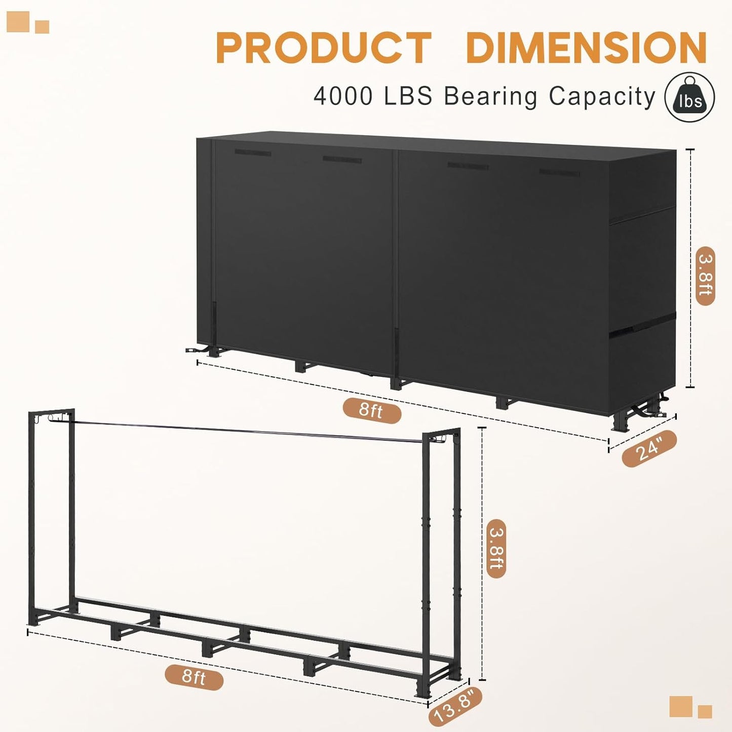 8ft Firewood Rack Outdoor with Waterproof Widened Cover, Heavy Duty Firewood Holder Included Supporting Strap, Powder-coated Wood Rack for Firewood Storage