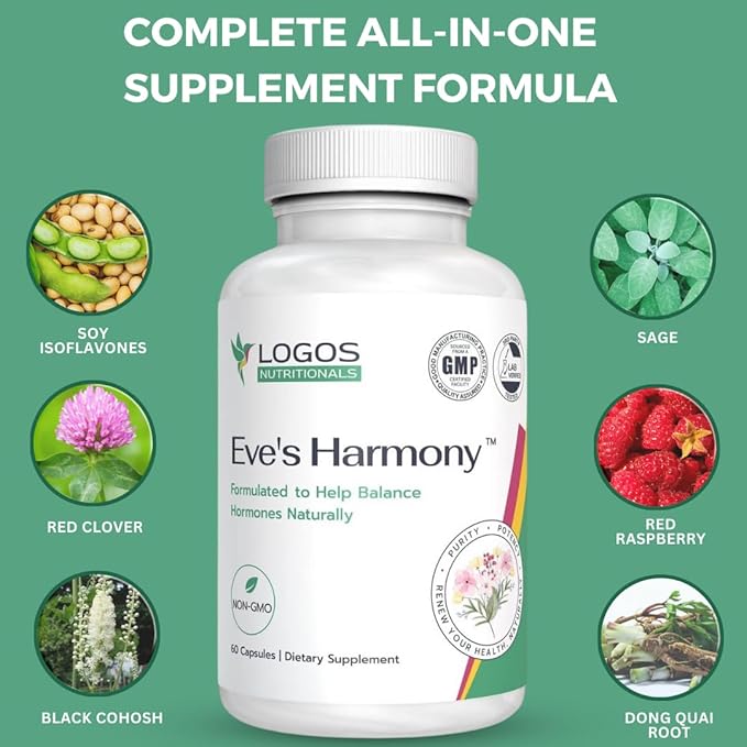 Eve's Harmony Menopause Supplement, Hormone Support for Women with Soy Isoflavones, Black Cohosh & Red Raspberry, Non-GMO Natural PMS & Menopausal Symptom Support, 60 Capsules