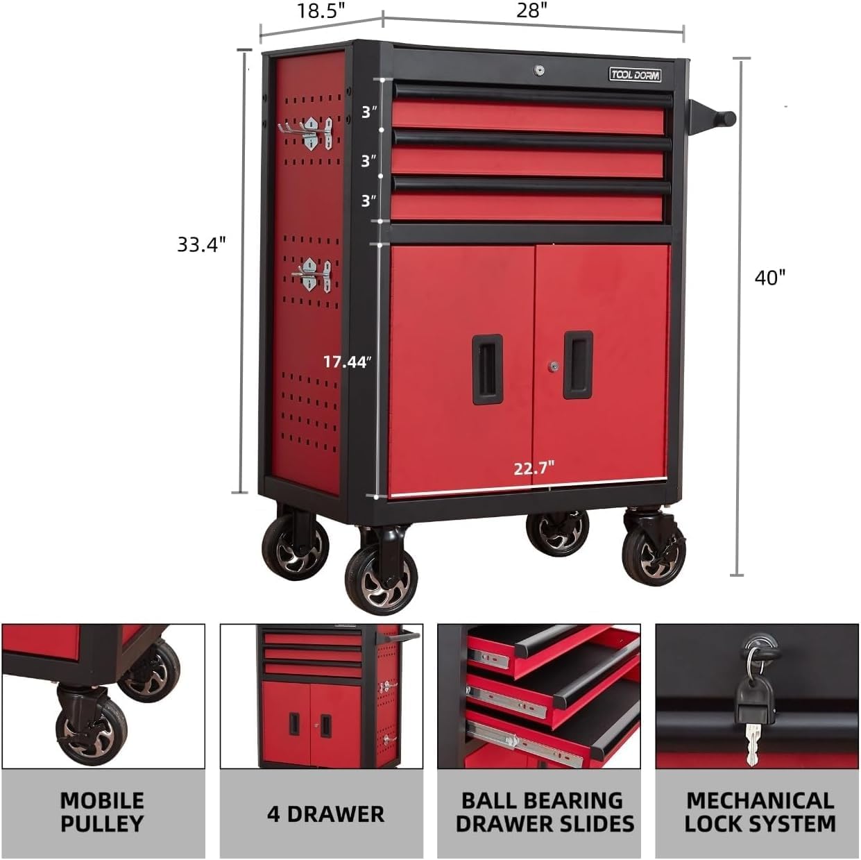Rolling Tool Chest with Locking Wheels - Tool Box with 3 Drawers & 1 Big Tool Cabinet with 2 Door, 18.5" D x 28" W x 40" H Mobile Tool Storage Cabinet, Heavy-Duty Garage Organizer w/Ergonomic Handle