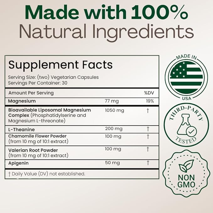 MAGPLUS+ Magnesium L-Threonate w. Apigenin & L Theanine, 1500mg 7-Ingredient Sleep Blend - Brain & Memory Support - Liposomal Magnesium Threonate Supplement - Capsules Supports Health, Rest & Mood