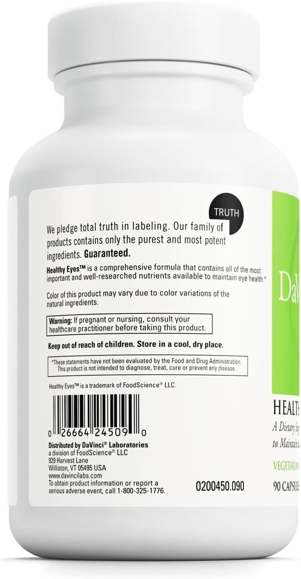 DAVINCI Labs Healthy Eyes - Dietary Supplement to Maintain Healthy Visual Function and Support Eye Health* - with Vitamins, Minerals, Lutein, Lycopene, Zeaxanthin and More - 90 Vegetable Capsules
