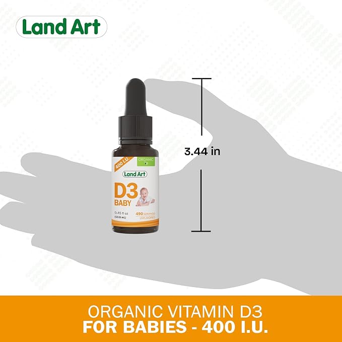 Land Art - Certified Organic Vitamin D3 Drops Baby – 400 IU per Drop – 490 Servings – Supports Bone & Teeth Development – Vitamin D Drops for Infants & Toddlers – GMO-Free - Gluten-Free – 2x0.45 fl oz