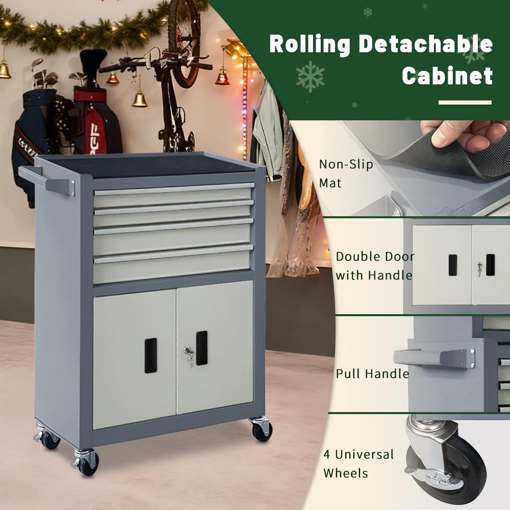13-Drawer Rolling Tool Chest with Double Doors, 2 in 1 Detachable Rolling Tool Chest with Drawers, Mobile Tool Cabinet Combo, Metal Large Lockable Tool Box for Garage Workshop (Gray)