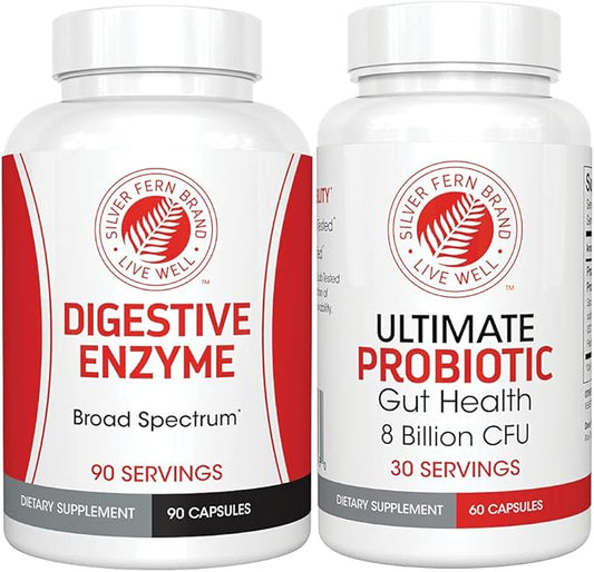 Silver Fern Brand Gut Health Tune Up Kit - Multi Function Ultimate Probiotic (1 Bottle - 60 Capsules) & Digestive Enzyme (1 Bottle = 90 Capsules) Helps Digestive Health, Mood, Reduce Cravings