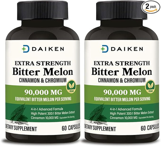 DAIKEN Bitter Melon, Cinnamon & Chromium, 90,000 mg Equivalent Per Serving Extra Strength, 100% Vegetarian Bitter Melon Capsules with Cinnamon Chromium & Zinc, 60 Capsules (Pack of 2)