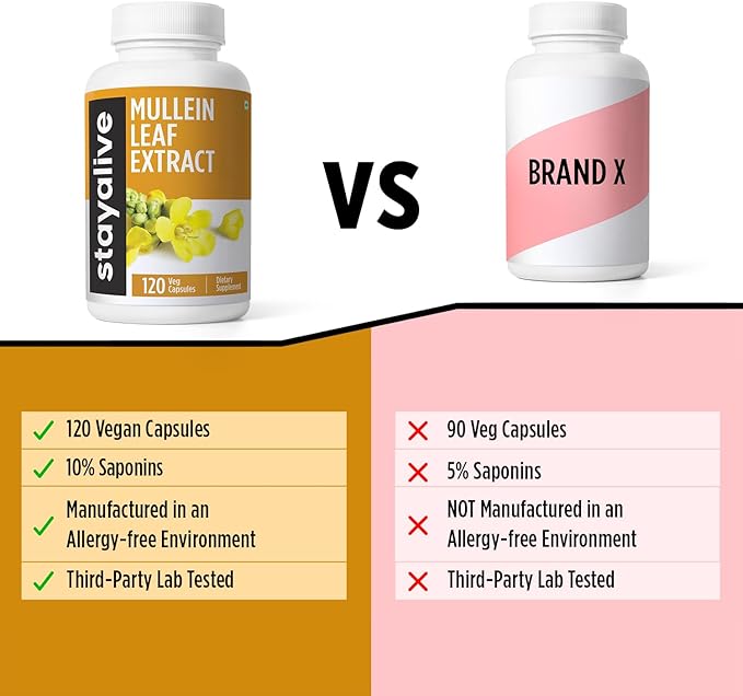 STAY ALIVE Mullein Leaf Extract 1000mg, 10:1 Extra Strength, 120 Vegan Mullein Capsules, All Natural, 100% Pure Leaves Powder, 2 Month Supply, Non-GMO and Gluten-Free Supplement
