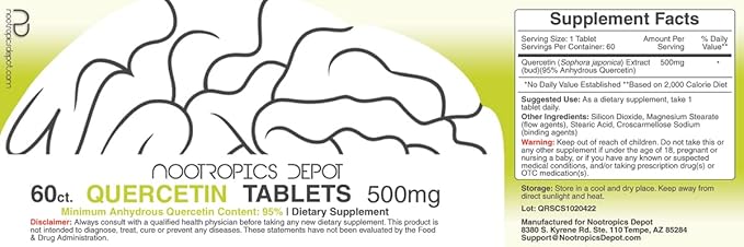 Nootropics Depot Quercetin Tablets | 500mg | 60 Count | 95% Anhydrous Quercetin