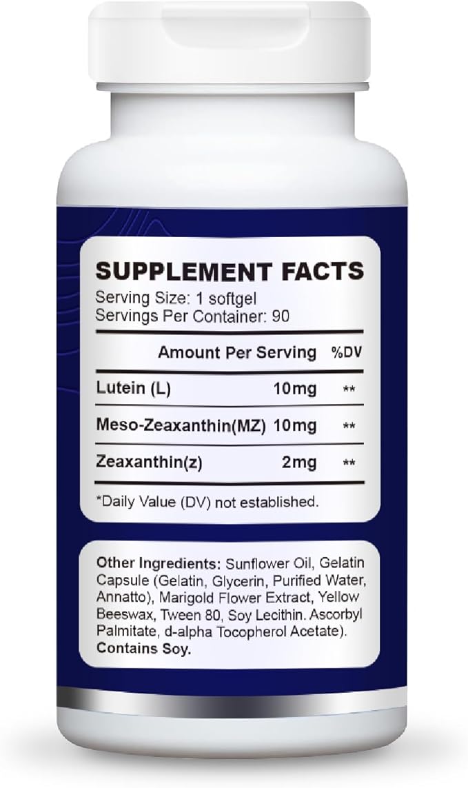 Eye Supplement - Lutein 10mg, Meso-Zeaxanthin 10mg, Zeaxanthin 2mg - Eye Vitamins Supports Vision, Blue Light Protection & Macular Health - Natural Antioxidant Formula | 90 Softgels