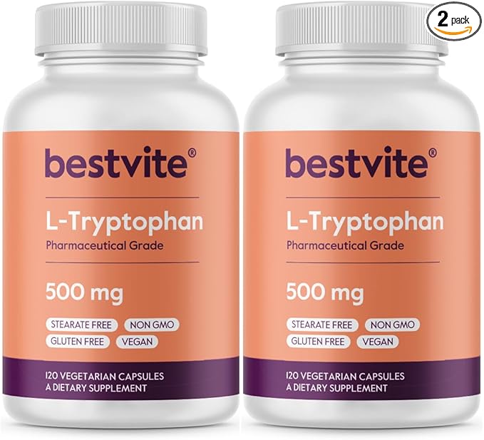 BESTVITE L-Tryptophan 500mg per Capsule (240 Vegetarian Capsules) (2-Pack) - No Stearates - No Silica - No Gelatin - Vegan - Gluten Free - Non GMO