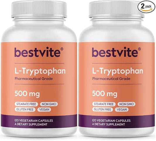 BESTVITE L-Tryptophan 500mg per Capsule (240 Vegetarian Capsules) (2-Pack) - No Stearates - No Silica - No Gelatin - Vegan - Gluten Free - Non GMO