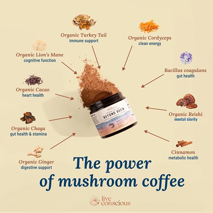 Live Conscious Beyond Brew - Superfood Coffee Alternative - Low Caffeine - Powerful Mushroom Complex - Lion’s Mane, Reishi, Cordyceps & Chaga for Sustained Focus, Energy & Immunity - Prebiotics & Probiotics Supports Gut Health - 30 Servings (3-Pack)