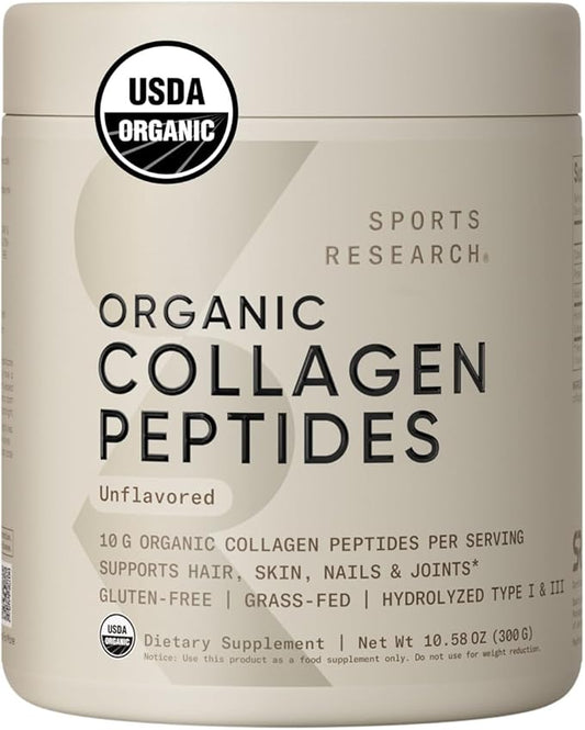 Sports Research Organic Collagen Peptides - Hydrolyzed Type I & III Collagen Protein Powder Made Sustainably from Grass-Fed Cows - Unflavored - 30 Servings