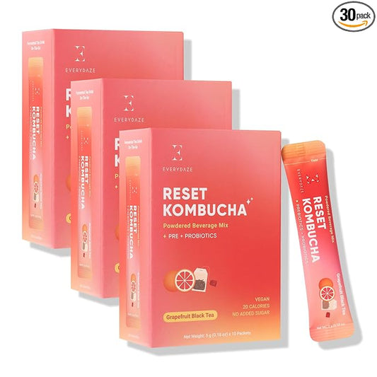 EVERYDAZE Reset Kombucha Tea Powdered Beverage Mix | 30 Pack (3 x 10ct) | Prebiotics + Probiotics | Vegan | No Added Sugar, Low Calorie, Gluten-Free, Sparkling Powder Drink (Grapefruit Black Tea)