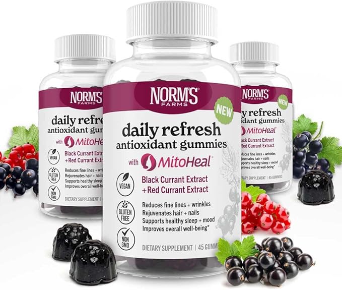 Norm's Farms Elderberry Antioxidant Gummies - Daily Refresh w/MitoHeal, 500mg Red & Black Currant Extract - Sleep, Mood, Skin, Hair & Nail Support - USA Made, Vegan, Non-GMO, Gluten-Free - 45 Gummies