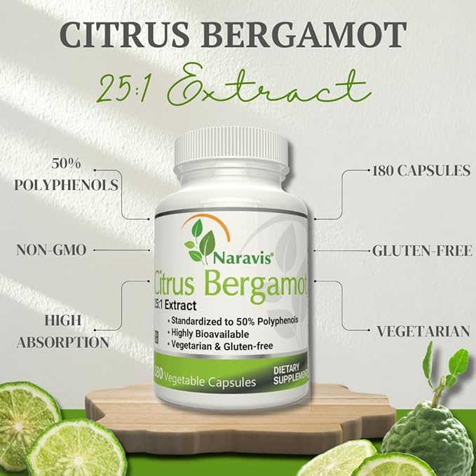 Citrus Bergamot Extract - 180 Capsules - 25:1 Extract - 50% Polyphenols - Black Pepper for Enhanced Absorption - Cholesterol lowering Supplements - Polyphenols Supplement