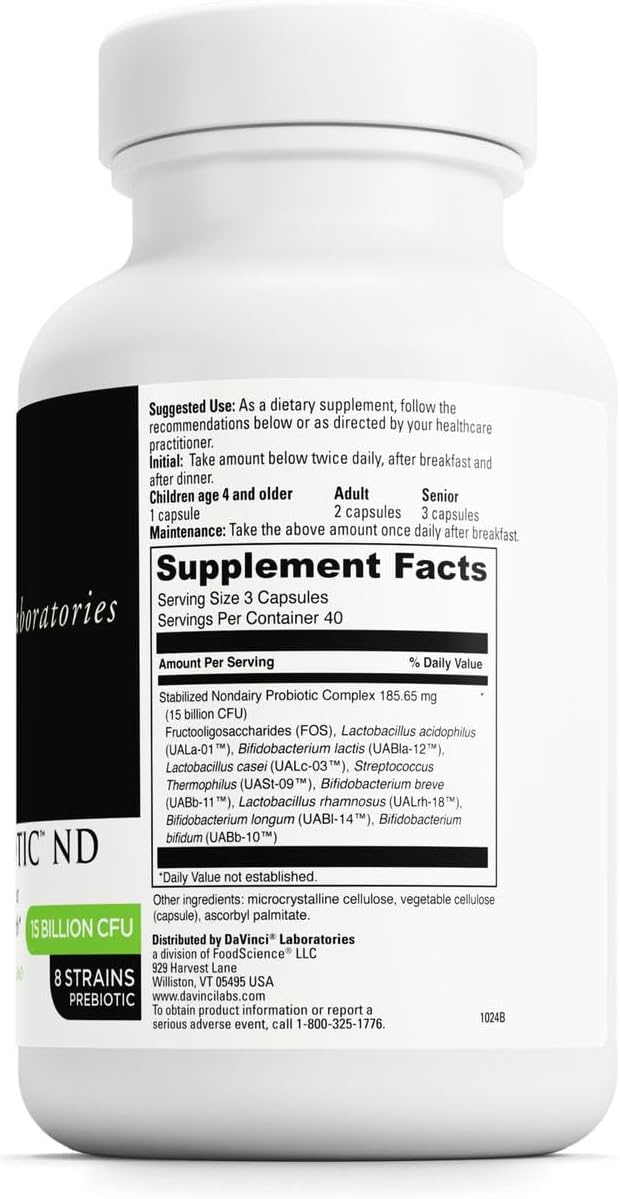 DAVINCI Labs Mega Probiotic ND - Non-Dairy Probiotic Supplement Supports Gut, Digestive & Brain Health* - Gut Health Support Supplement with Non-Dairy Complex* - 120 Vegetarian Caps