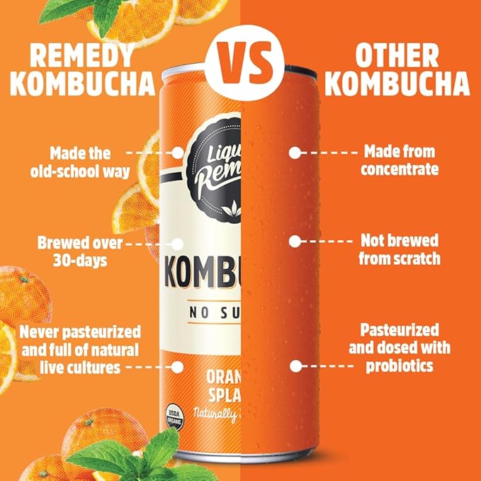 Liquid Remedy Kombucha Sugar Free Organic Drink, Low Calorie, Probiotic Like Tea for Gut Health - Tropical Trio Variety Pack - 8.5 Fl Oz Can, 12-Pack