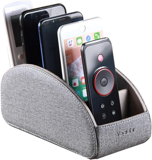 TV Remote Control Holder with 5 Compartments,Pu Leather Remote Caddy/Box/Tray Nightstand Desktop Storage Organizer Store DVD,Blu-Ray,Media Player,Heater Controllers and Makeup Office Supplies Grey