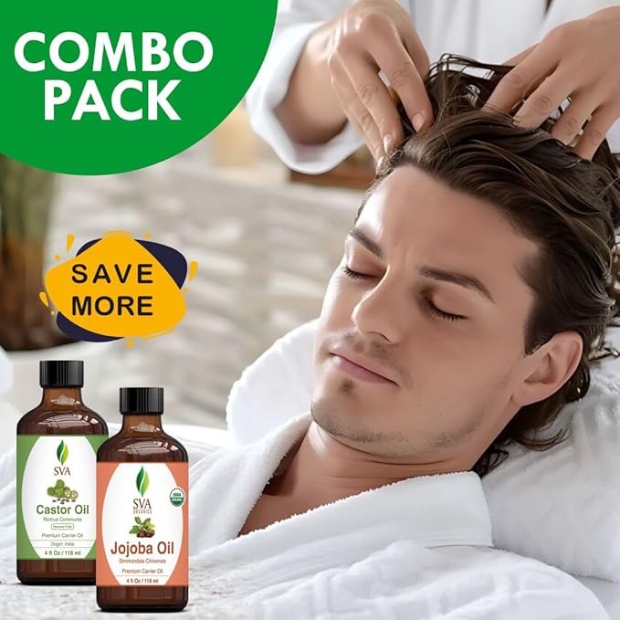 SVA Castor Oil 4oz & Jojoba Oil 4oz Bundle Super Saver Combo – Premium Grade Bundle Set for Hair Oiling, Scalp Massage, Hair Care, Face, Skin Care and Body Massage