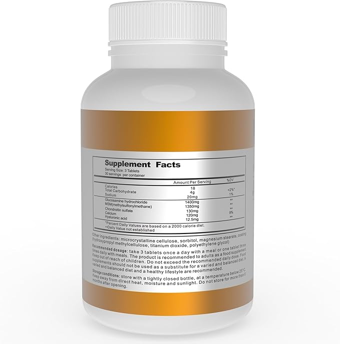 Glucosamine Chondroitin MSM and Hyaluronic Acid Supplements with Glucosamine Hydrochloride 1400mg&MSM 1350mg,Used for Cartilage & Joint Support&Flexibility,Non-GMO Ingredients,90 Tablets