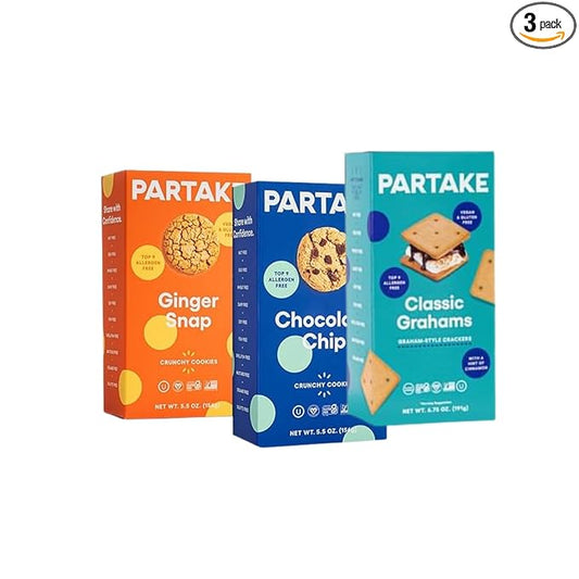 Partake Gluten Free Crunchy Cookies Variety Pack (Chocolate Chip, Ginger Snap, Classic Graham Cracker) - Vegan - Free From the Top 9 Allergens Including Dairy, Wheat, Soy, Eggs, & Peanuts - Non GMO - Safe School & Office Snack (3 Pack, 5.5oz Boxes)