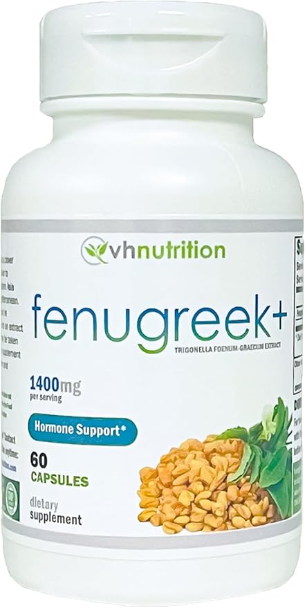 VH Nutrition Fenugreek+ | 1400mg Extra Strength Fenugreek Capsules | Hormonal Balance and Energy Support Supplement for Men & Women | 60 Gluten-Free Capsules