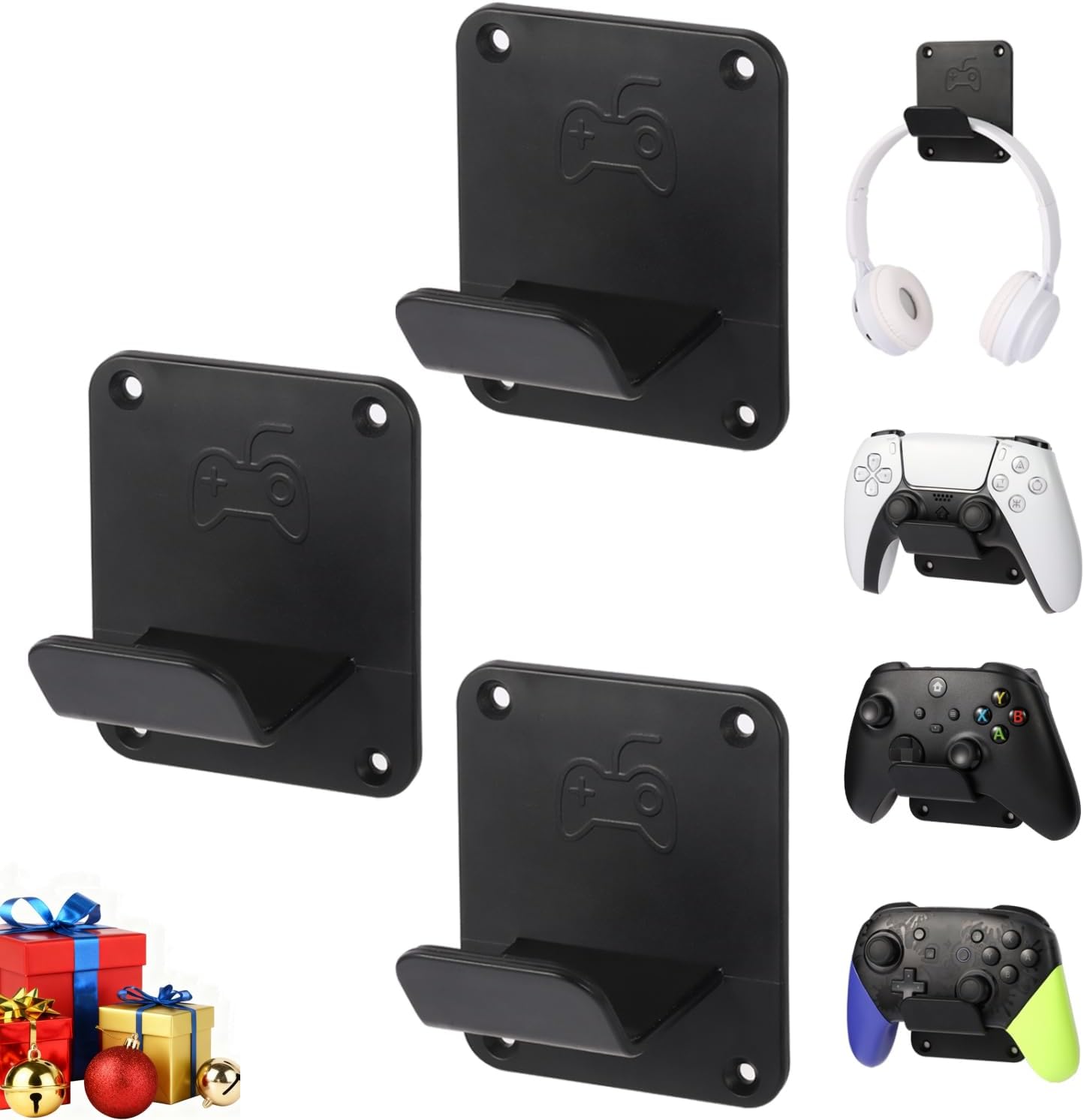 Controller Holders Wall Mount 3 Pack Wall Stands With Non-Slip Pads, Premium Headphone Mount for Controllers and Headsets, Black, YCKJ-WM-01