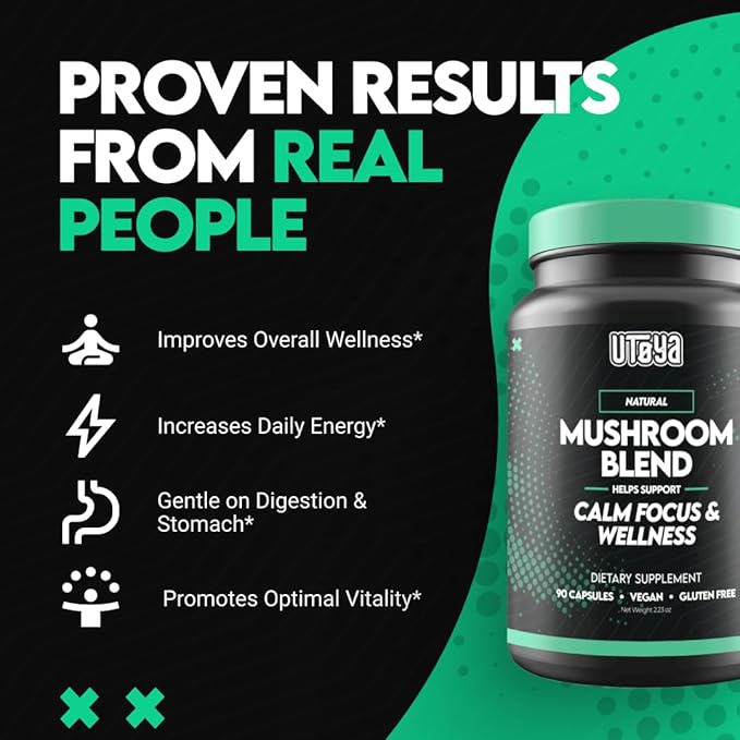 UTOYA Natural Mushroom Blend Supplements - Lions Mane Supplement Capsules with Reishi, Cordyceps, More for Calm, Focus and Wellness - Non-GMO Vegan/Gluten Free Multi Mushroom Supplement - 90 Capsules
