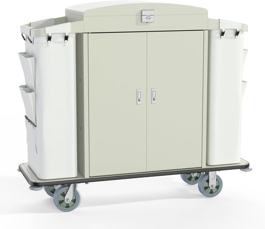 Heavy Duty Metal Housekeeping Janitorial Cart with Wheels,Silent Casters,Locking Large Capacity Cabinets,Cleaning cart for Housekeeping/Commercial Facility/Hotel/Stadium/School