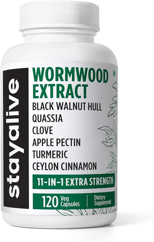 STAY ALIVE Wormwood Black Walnut Clove Cleanse Extract, 11-in-1 Extra Strength Complex, 120 Pills, Herbal Supplement for Adults, Vegan, Non-GMO & Gluten Free Sweet Wormwood Capsules